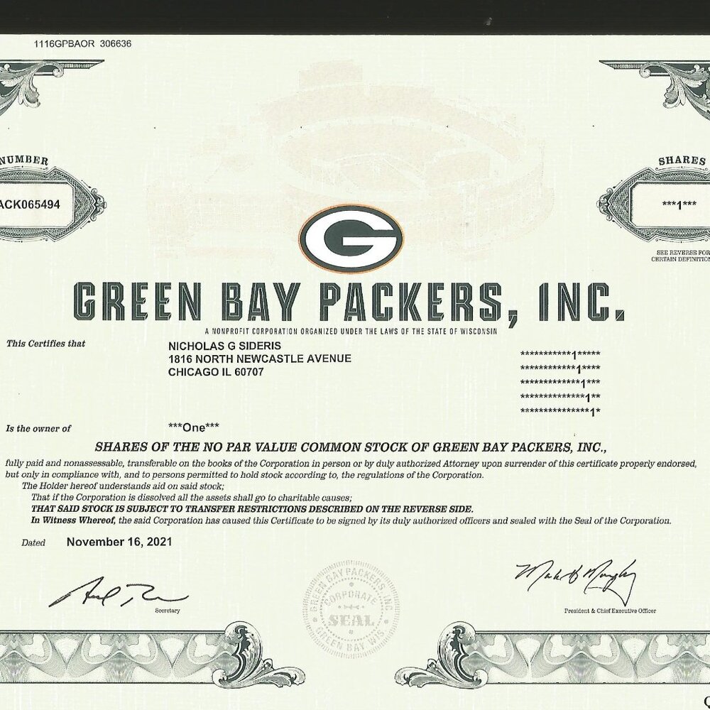 2021 GREEN BAY PACKERS COMMON STOCK STOCK CERTIFICATE COPY CLASSIC WHITE VERSION